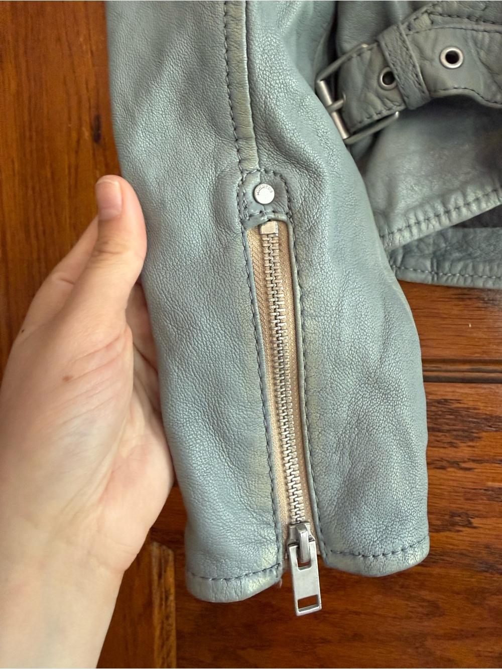 MAURITIUS 100% Lamb Leather Zip Up Moto Jacket Fitted Chic Light Blue Grey US 6 - Picture 5 of 13